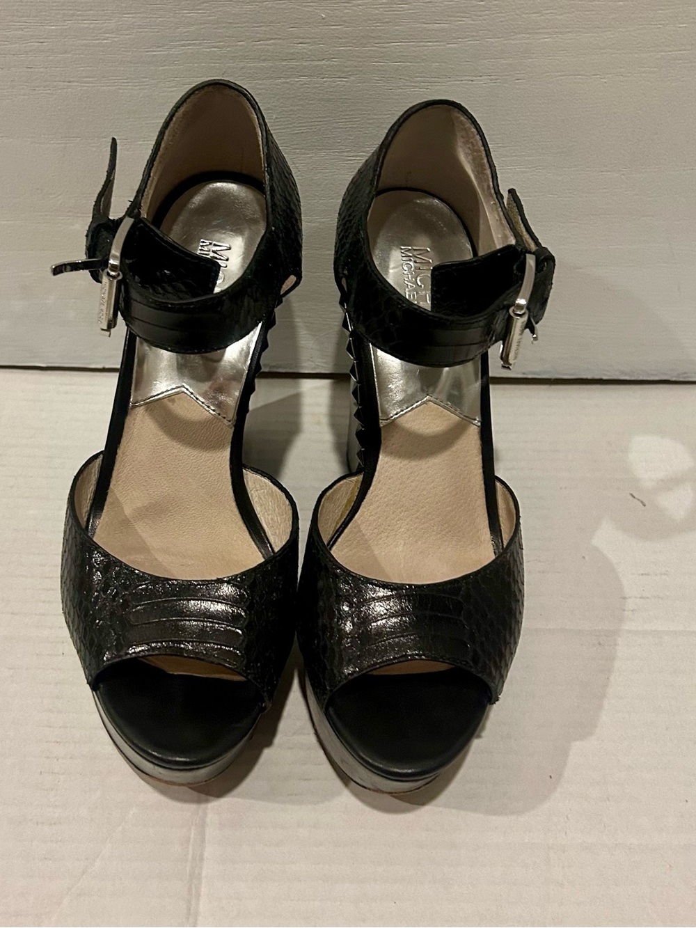 Michael Kors Black Textured Platform Wedge Sandals with Stud Detail - Picture 3 of 5